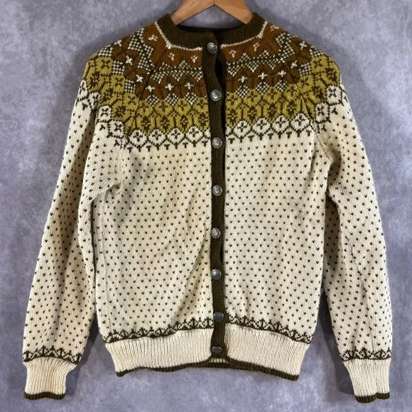 O. Allers Nilssen Wool Cardigan Women XS Cream Olive Fair Isle Norway *See Desc* - Picture 1 of 7